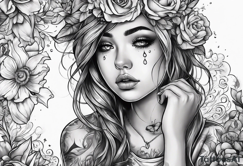 heartbroken girl making a wish with tears in her eyes. broken pictures and coupled paper next to her tattoo idea