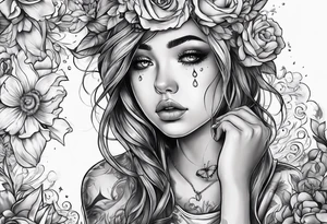 heartbroken girl making a wish with tears in her eyes. broken pictures and coupled paper next to her tattoo idea