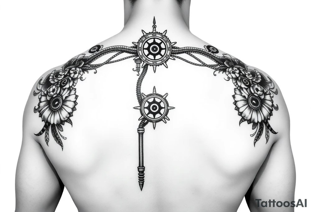 Can you help me design my next tattoo? I already have Polynesian-style tattoos covering left shoulder blade and second in the middle of back going along the spine up till my neck, and I’m looking for ideas to fill the white space between them. I haven’t been able to come up with anything that works. The white space are starts from the neck, goes between the shoulderblades and goes all the way from the sides to my lower back.

I’d like the new elements to be in a different style than Polynesian, but still visually cohesive so they complement the existing tattoos rather than clash with them. Maybe steampunk, pipes, cords cogs and so on tattoo idea