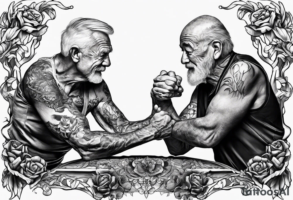 old man in cloake arm wrestling with a skeleton tattoo idea