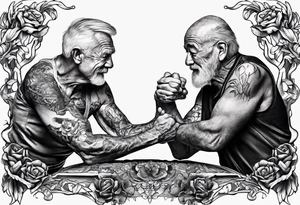 old man in cloake arm wrestling with a skeleton tattoo idea