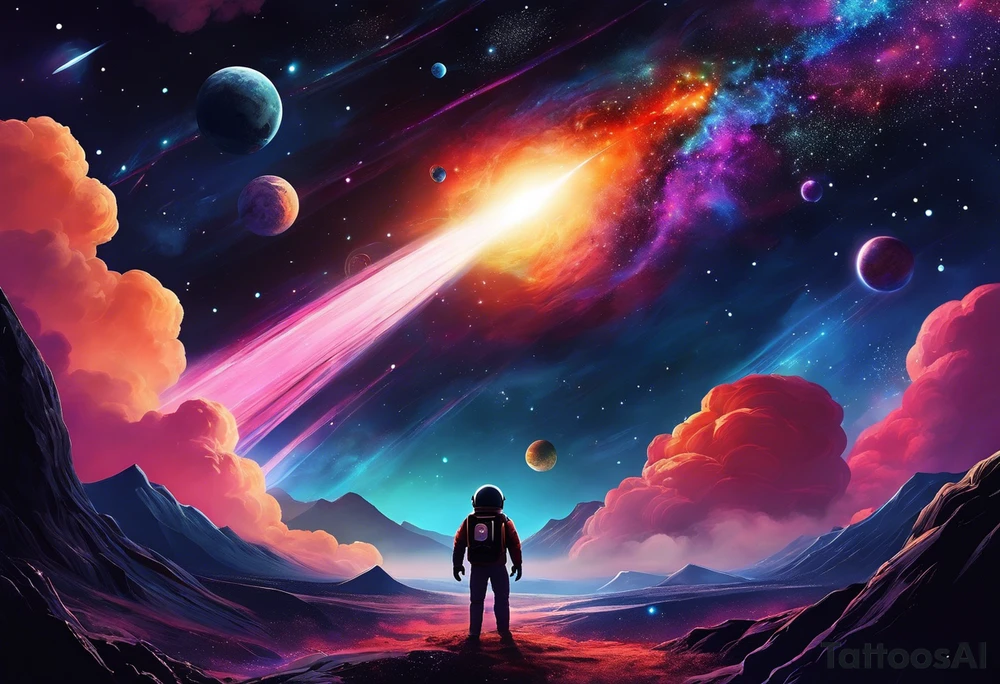 1. **Shoulder and Mid-Arm (Space Theme)**:
   - **Background**: Dark space with stars and nebulas.
   - **Elements**:
     - A rocket launching from the shoulder.
     - A swirling black hole with cosmic debris.
     - Various aliens in a UFO or standing on small planets.
   
2. **Lower Arm (Sky Theme)**:
   - **Transition**: Gradual fade from dark space to a lighter sky, incorporating colors from deep blues and purples to lighter blues and whites.
   - **Elements**:
     - Airplanes flying in different directions, leaving trails.
     - Soft clouds with some sun rays peeking through.
   
3. **Wrist and Hand (Blue Ridge Parkway)**:
   - **Background**: Blue Ridge Mountains with lush greenery.
   - **Elements**:
     - A winding road representing the Blue Ridge Parkway.
     - Trees and wildlife native to the region.
     - Possibly include a small stream or a few mountain flowers. tattoo idea