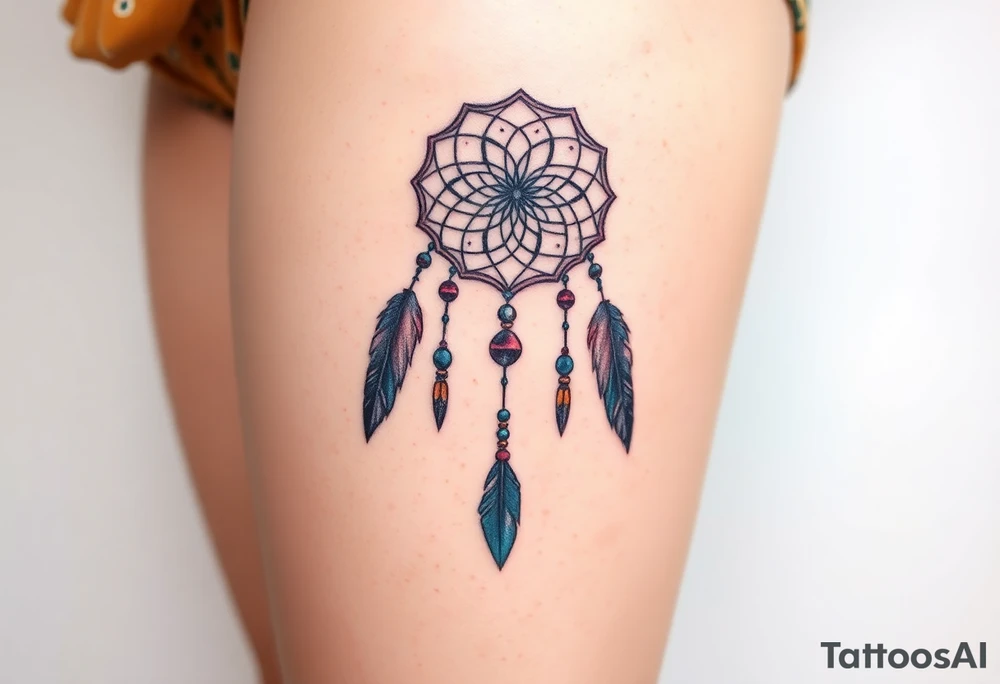 native dreamcatcher with flowing feathers and sacred beads tattoo idea