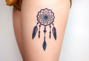 native dreamcatcher with flowing feathers and sacred beads tattoo idea