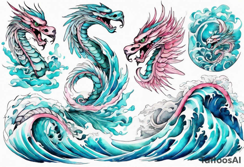 a turquoise and white and pink feathered serpent with beautiful eyes emerging from the blue waves of the ocean tattoo idea