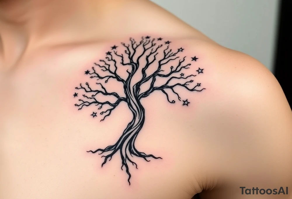 Flowing asymmetrical symbolic tree quarter sleeve on shoulder. Bold and simple branches that do not look realistic. Tree of gondor with seven stars tattoo idea
