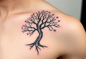 Flowing asymmetrical symbolic tree quarter sleeve on shoulder. Bold and simple branches that do not look realistic. Tree of gondor with seven stars tattoo idea