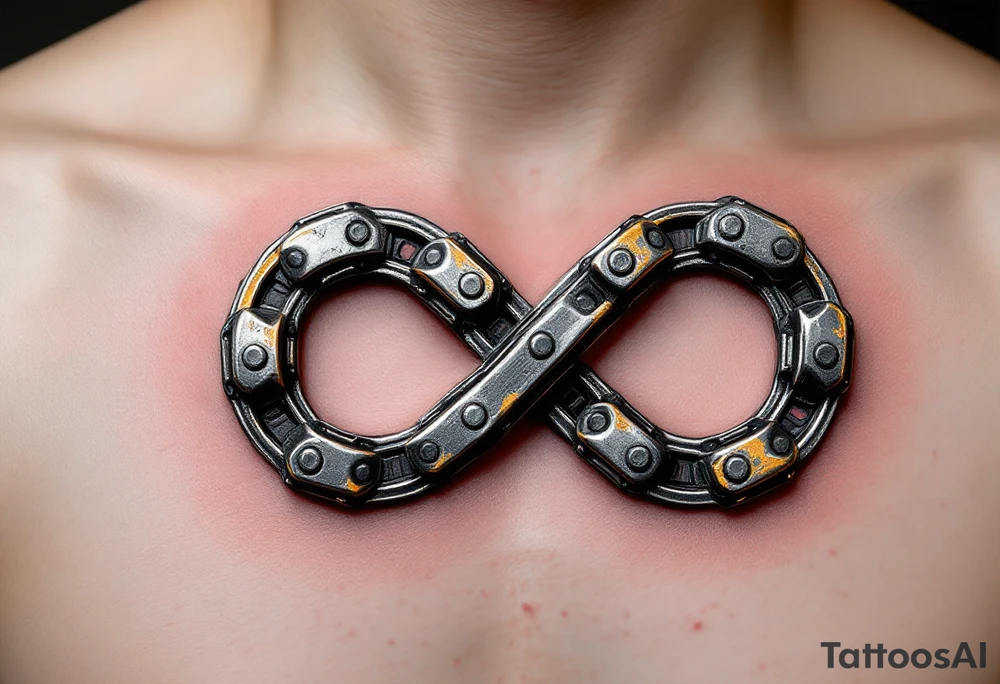 A bicycle chain forming the infinity symbol, in metallic silver and gold, symbolizing endless cycles and eternal connections. tattoo idea