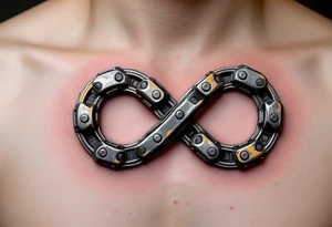 A bicycle chain forming the infinity symbol, in metallic silver and gold, symbolizing endless cycles and eternal connections. tattoo idea