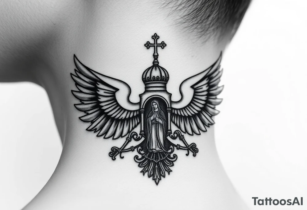 russian coat of arms double headed eagle traditional christian orthodox cross with a virgin mary stood in the entrance of a russian orthodox dome church on the side of the neck in a wilderness setting tattoo idea
