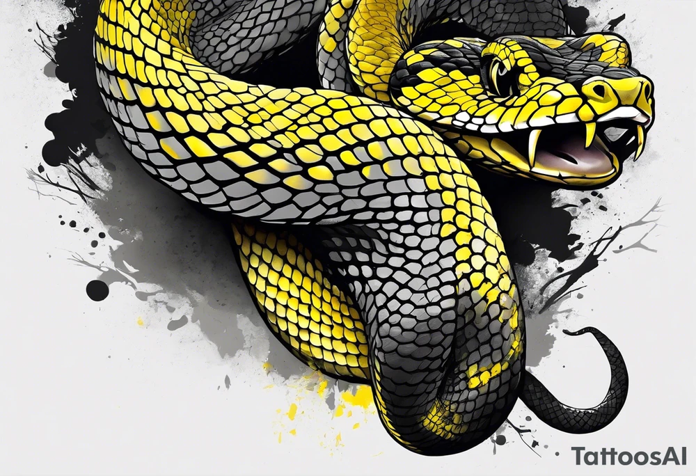 Black and grey realistic yellow blotched pit viper snake with rainforest background on forearm. I want the snake to look aggressive with mouth open showing fangs tattoo idea