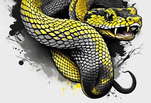 Black and grey realistic yellow blotched pit viper snake with rainforest background on forearm. I want the snake to look aggressive with mouth open showing fangs tattoo idea