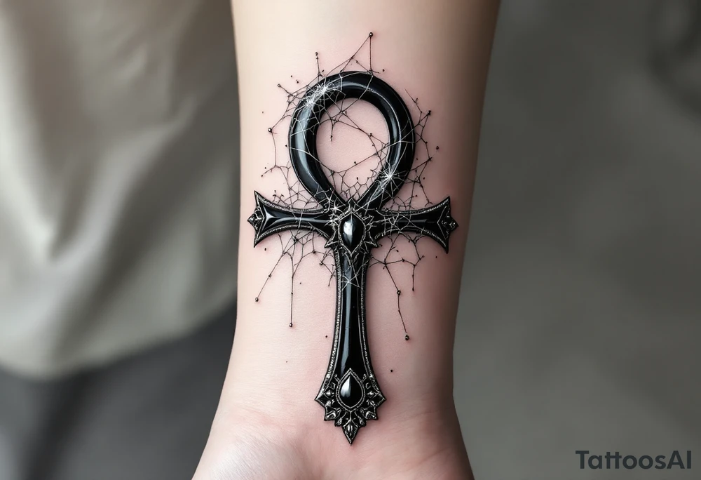 A black onyx Ankh with silver spiderwebs draping over it, adding a mysterious and gothic touch. tattoo idea