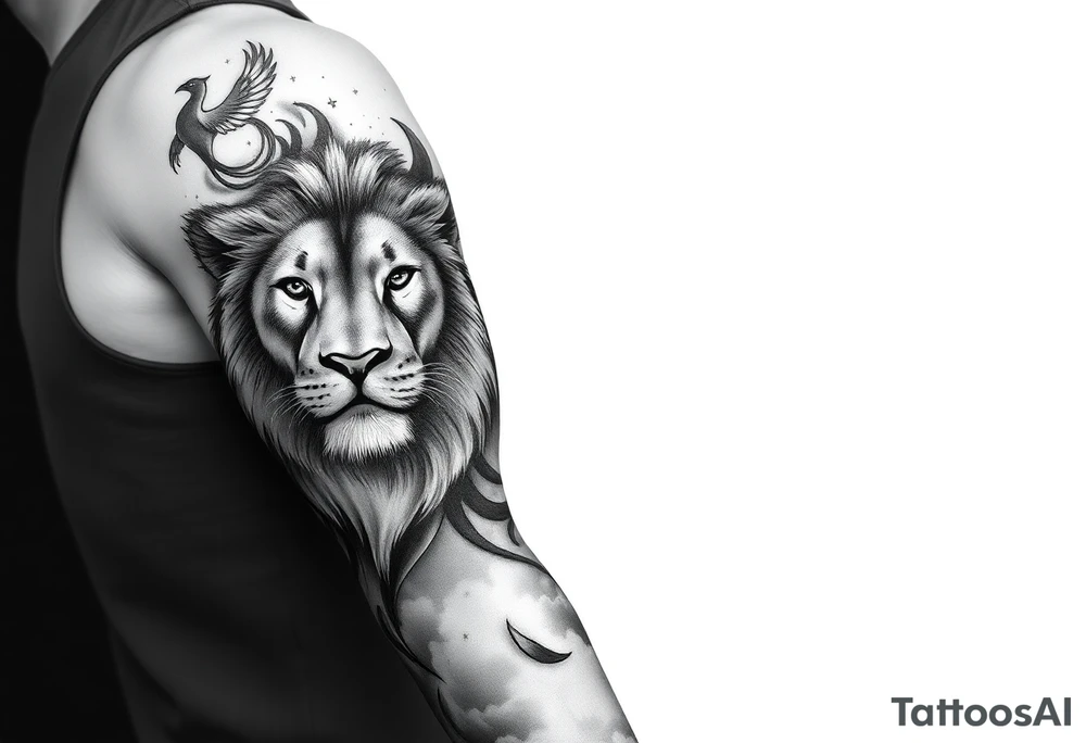 A full sleeve tattoo in black and grey realism, with a majestic lion’s face as the main focal point on the outer forearm. A subtle, ethereal phoenix rising through smoke and ash blends upward toward the upper arm. The background fades into a dreamy night sky with faint stars and the Leo constellation subtly woven in. Incorporate fine-line details and smooth shading to keep it soft and not overly bold. Avoid harsh outlines. Include natural elements like wisps of clouds or faint leaves to tie the design together organically. tattoo idea