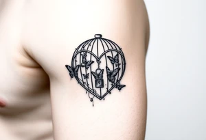 bird cage with broken heart-shaped lock and cage door open with butterflies flying out of it tattoo idea