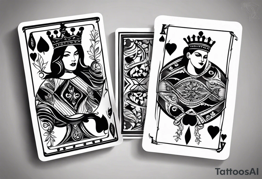 one playing card with both queen of hearts and king of spades incorporated in extreme minimalistic  style tattoo idea
