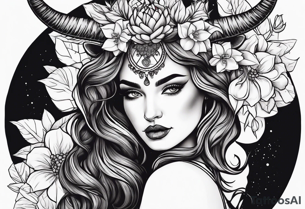 Beautiful Horned lady face holding a pomegranate tattoo idea