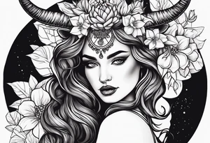 Beautiful Horned lady face holding a pomegranate tattoo idea