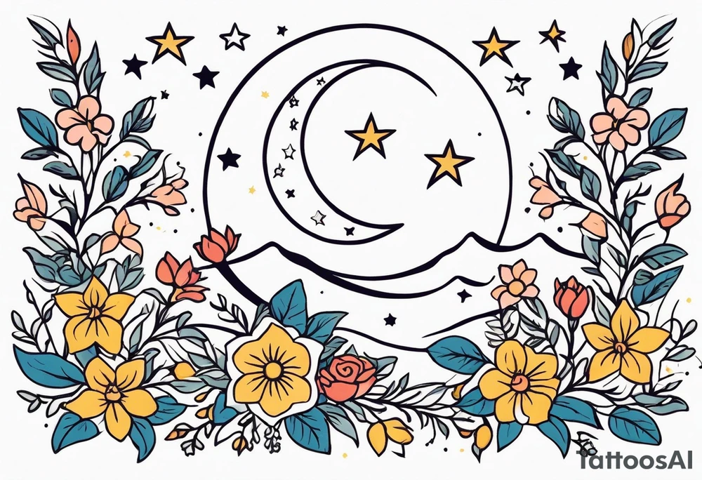stars and moon

old school vintage simple traditional design with vintage flowers surrounding
bold color simple tattoo idea