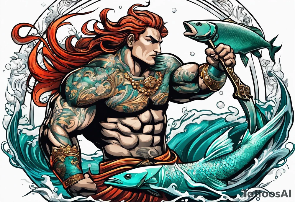 muscular
god 
posideon fighting a sport fish with a trident surrounded by sexy  mermaids tattoo idea