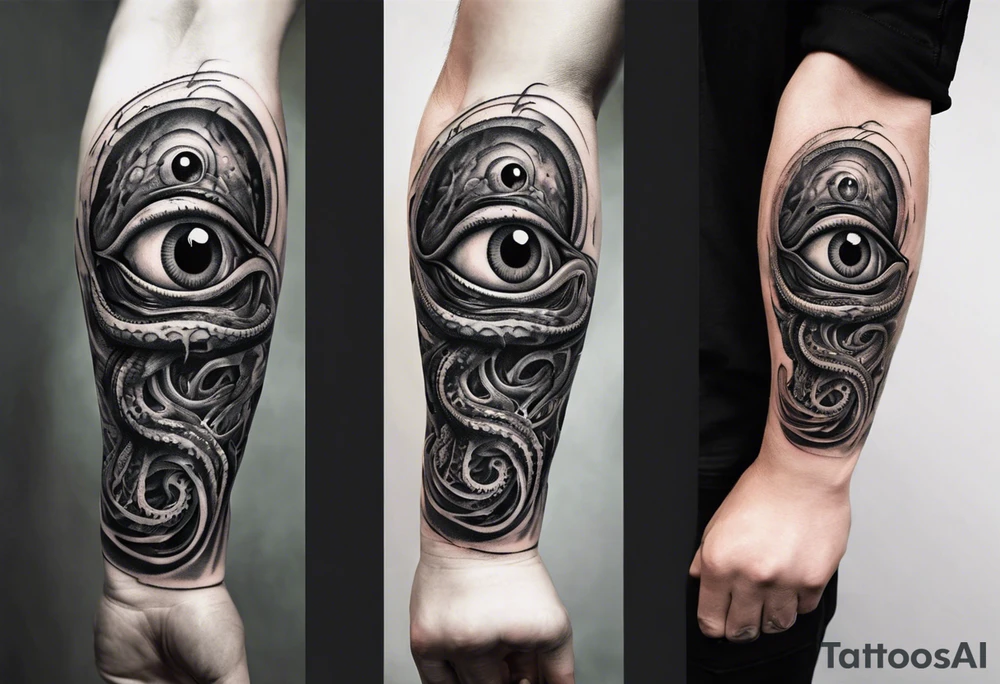 lovecraft themed eye on hand , tentacle on forearm tattoo idea