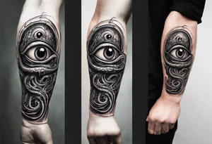 lovecraft themed eye on hand , tentacle on forearm tattoo idea