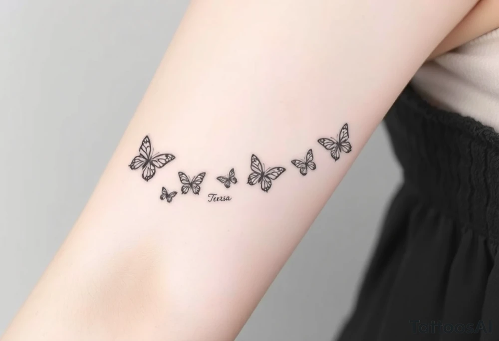 Six different butterflies streaming down arm with six kids names Aden, Aninna, Novaih, Rayla, Jayla, Teresa tattoo idea