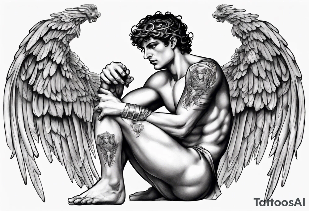 God hermes kneeling with wings wrapped around him tattoo idea