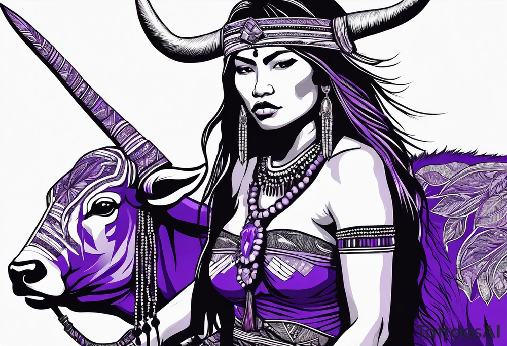 native woman female warrior with quiver on her back. she is wearing bead headband. she is sitting on a purple buffalo, the buffalo is standing up, standing still tattoo idea