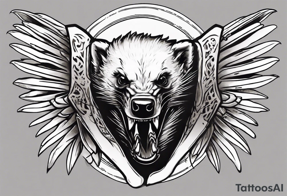 Angry, snarling, detailed honey badger with his face forward against the background of wings made of bones tattoo idea