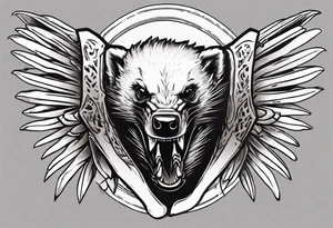 Angry, snarling, detailed honey badger with his face forward against the background of wings made of bones tattoo idea