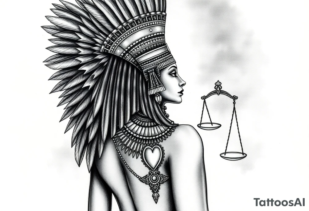 Beautiful Egyptian goddess and elegant body, depicted as a regal woman with an ostrich feather headdress, and intricate ancient Egyptian jewelry, the Anhk necklace. Background includes something similar to heaven, as one is walking into it. Incorporate the Scales of Justice—one side holding a heart, the other Ma’at’s feather—glowing with ethereal energy. Emphasize dramatic lighting, deep shadows, and surreal, mystical atmosphere tattoo idea