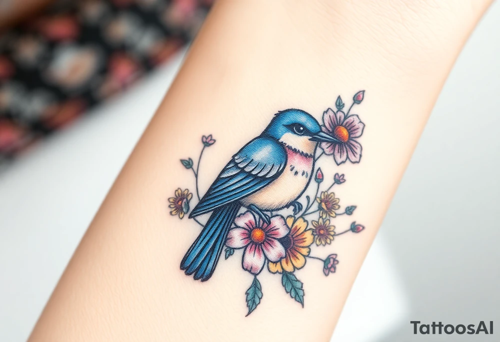 Puffy bluebird surrounded by wild flowers tattoo idea