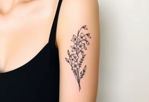 Feminine daffodils, Lily of the valley and larkspur bouquet tattoo idea