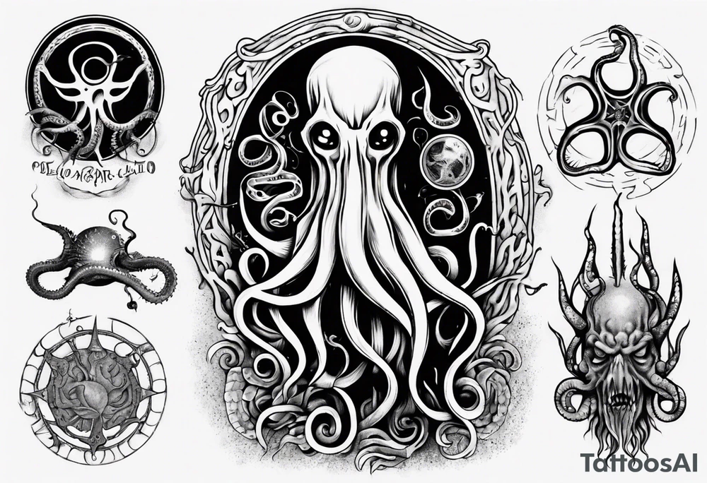 lovecraft long tattoo to put on the forearm, with eye and tentacle tattoo idea