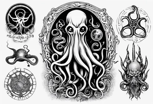 lovecraft long tattoo to put on the forearm, with eye and tentacle tattoo idea