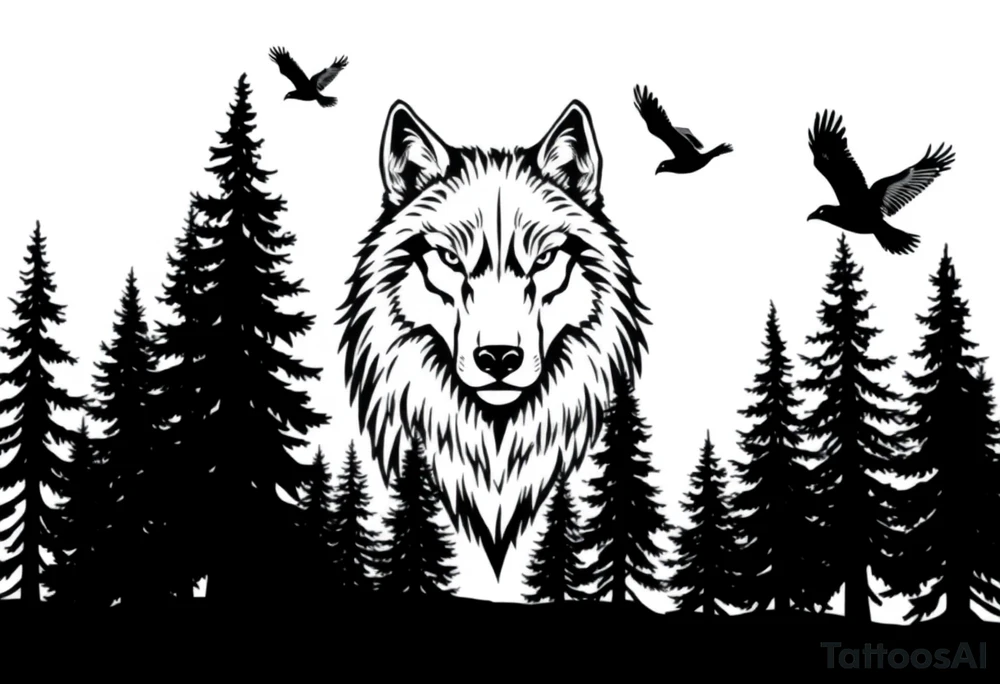 Wolf head surrounded by large pine trees growing from black ground and small ravens flying overhead tattoo idea
