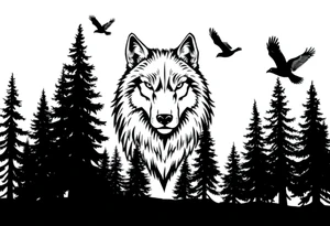 Wolf head surrounded by large pine trees growing from black ground and small ravens flying overhead tattoo idea