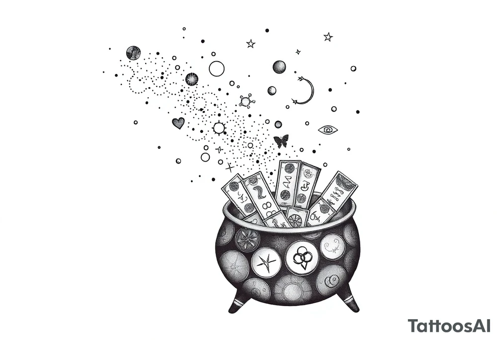 Milky way galaxy filled with zodiac symbols runes tarot cards coming out of a cauldron tattoo idea