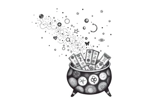 Milky way galaxy filled with zodiac symbols runes tarot cards coming out of a cauldron tattoo idea