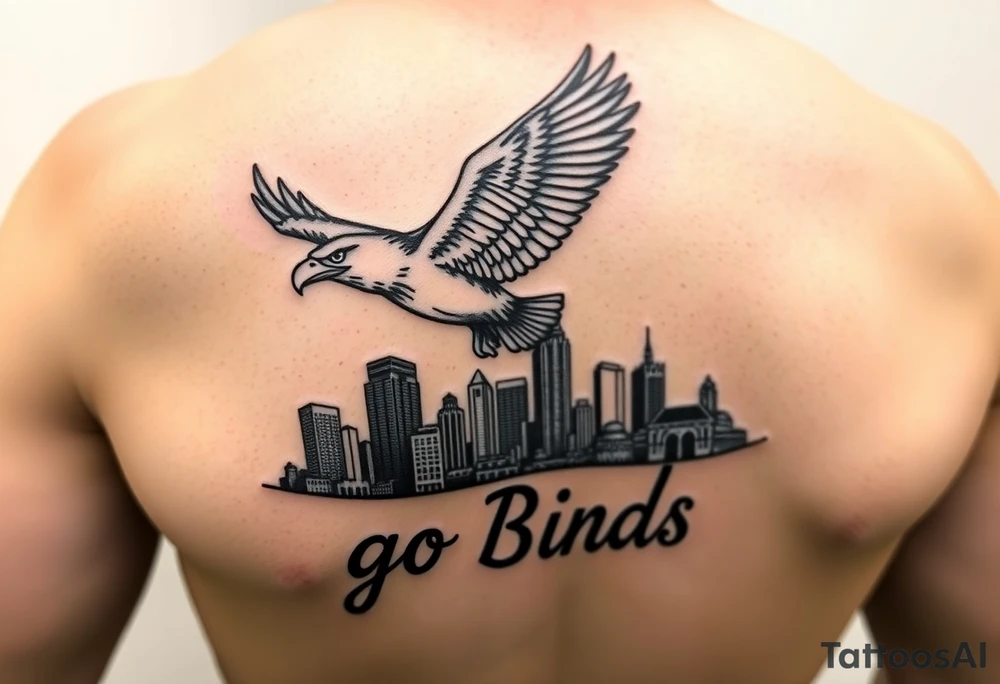 Philadelphia Eagle classic bird flying over Philadelphia city skyline with the words go Birds under it on bicep tattoo idea