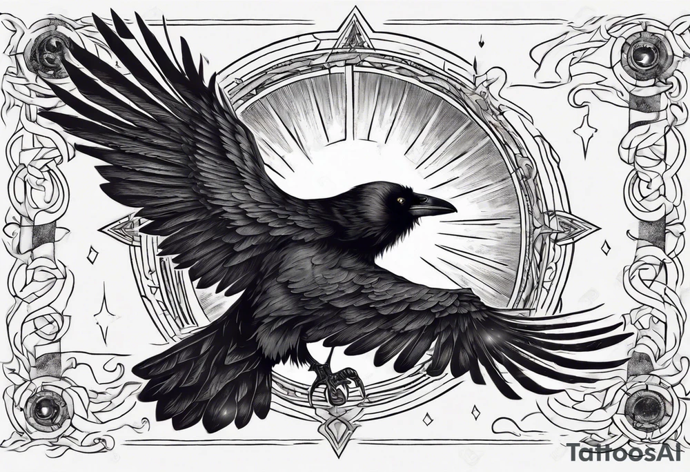 Cunning Raven flying towards the Sun. Mystic. tattoo idea