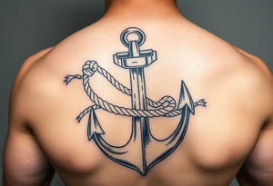 weathered anchor wrapped in nautical rope with sea waves tattoo idea