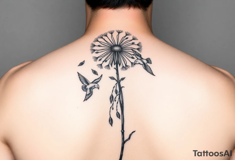 A dandelion with its leaves blowing away and turning into birds that fly up and create a waterfall tattoo idea