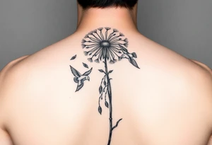 A dandelion with its leaves blowing away and turning into birds that fly up and create a waterfall tattoo idea