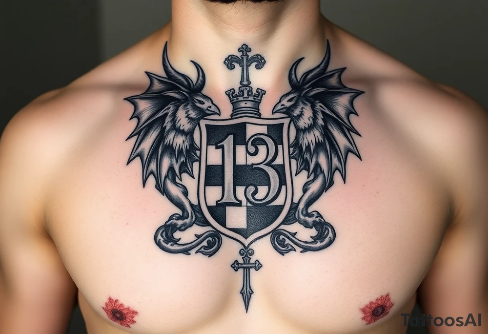 A large, intricate demonic Medieval gestured, family crest, incorporating the number 13 and the Toledo Mud Hens with wispy features very masculine.  For A Chess piece on a man tattoo idea