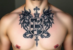 A large, intricate demonic Medieval gestured, family crest, incorporating the number 13 and the Toledo Mud Hens with wispy features very masculine.  For A Chess piece on a man tattoo idea