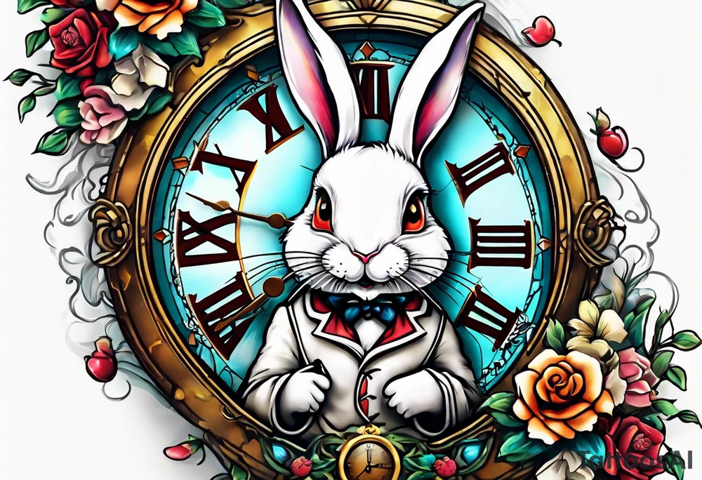 Alice in wonderland White rabbit clock im late tattoo idea