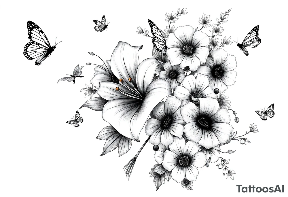 Calia Lily, rose, gadiolus, carnation,Narcissus,poppy, aster, violet ,chrysanthemum, lily of the valley and water lily sleeve on upper arm and shoulder  with butterfly’s and bumblebees and dragonflies on skin tattoo idea