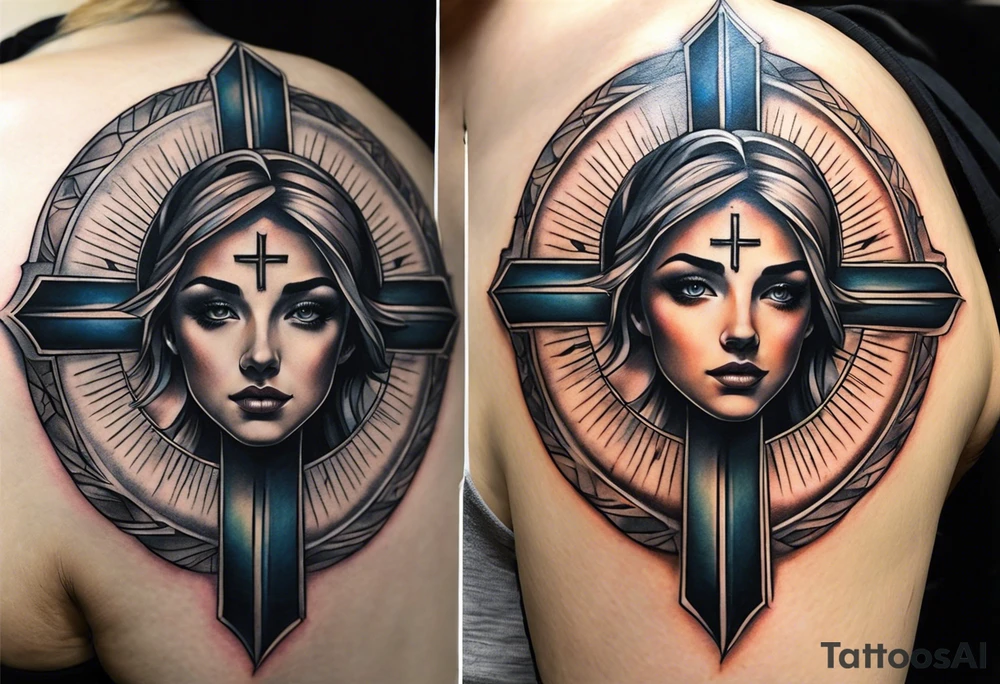 Realistic Tattoo: A refined cross with a soft halo surrounding it, symbolizing light and spirituality. Delicate rays extend outward from the halo, adding a subtle glow and depth. The cross itself is simple and elegant, with potential for small, intricate line details within the design. Style: Realism tattoo idea